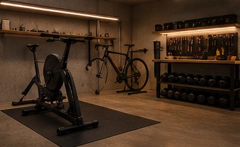 Raum mit Indoor-Trainer, Rennrad und Gewichten