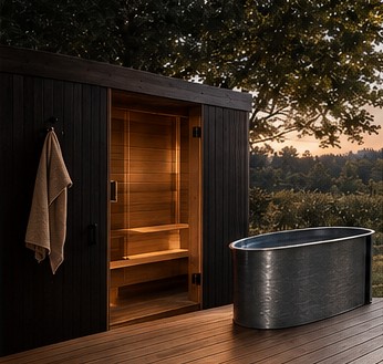 Sauna und Kaltwasserbecken auf der Holzterrasse